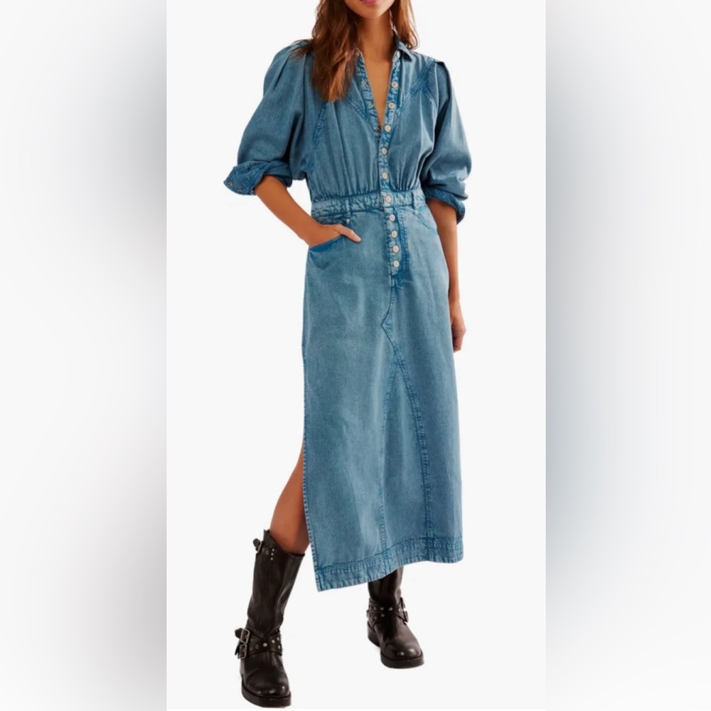 FREE PEOPLE Mad Love Denim Midi Dress in Skyfall NWOT